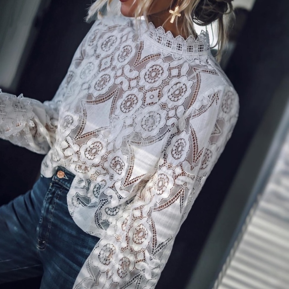 White Lace High Neck Long Sleeve Shirt - Picture 2 of 16